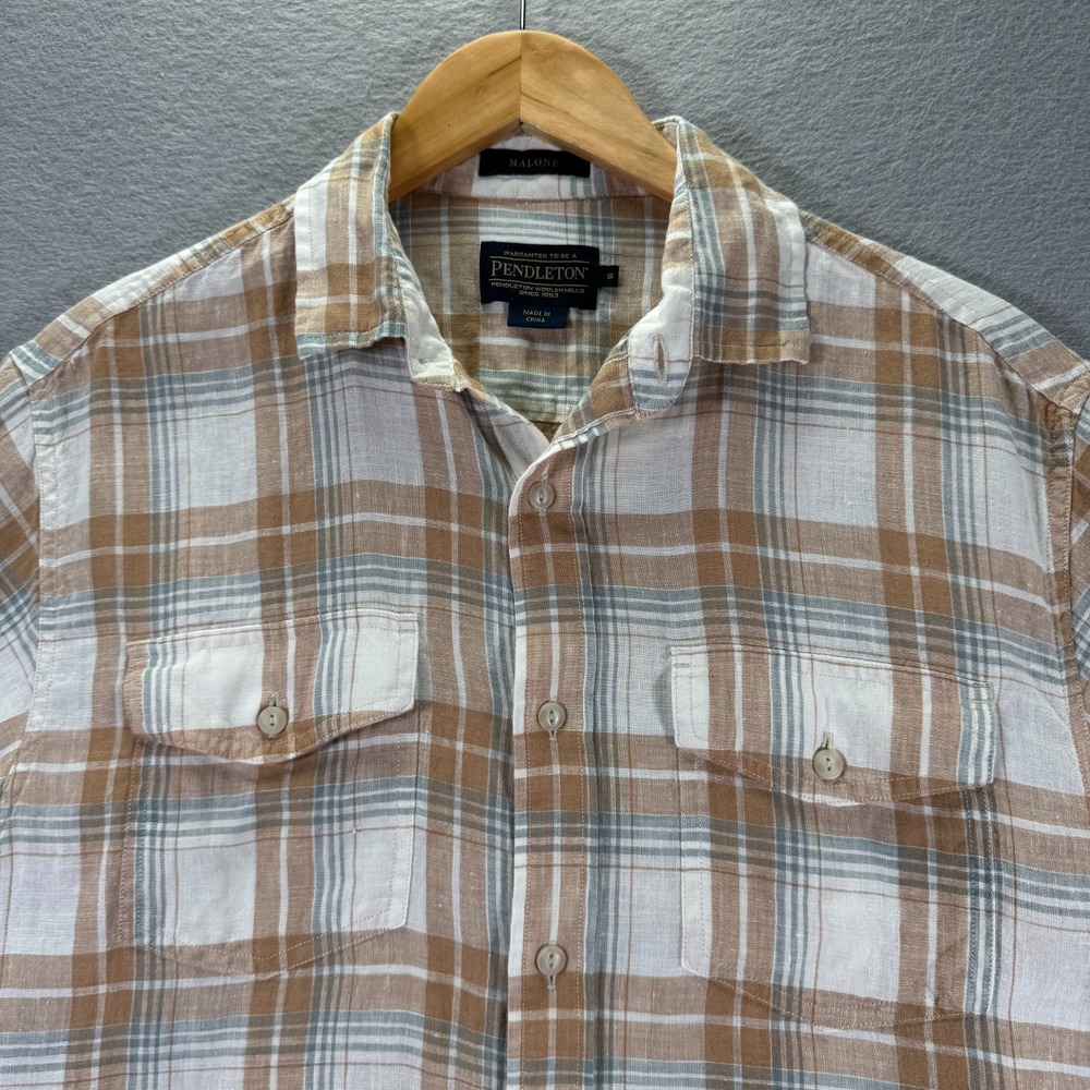 Pendleton Malone Button Up Shirt Mens Small Beige Plaid Linen Double Flap Pocket - Picture 5 of 10